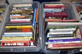 Two boxes of various hardback and softback books including marine interest, Land Rover, Rupert