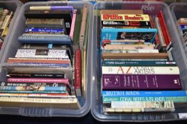 Two boxes of various hardback and softback books including several Griffin novels, Encyclopaedia