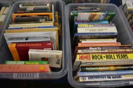 Two boxes of various hardback and softback books including music, historic battles, Morecambe & Wise