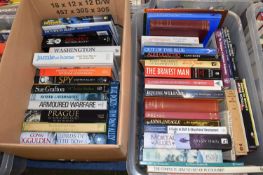 Two boxes of various hardback and softback books including some older volumes, Charles Kingsley