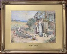 Myles Birkett Foster RWS (British, 1825-1899) Countryside / farm scene with children picking flowers