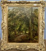 George Turner (British,1841-1910), A shepherd with his flock of sheep travel through woodland,