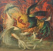 After Vladimir Tretchikoff, Fighting Cockerals, photolithograph in colours on board, 66x63cm,