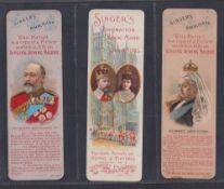 Trade cards, Singer, 3 Royalty book marks, Queen Victoria, (sl toning & small mark), King Edward VII