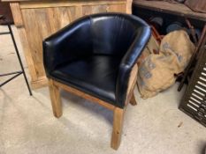 Leather Open Back Tub Chair In Black With Hessian Sides