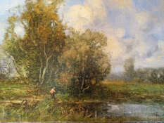 Unsigned, early 20c Oil on board depicting figure by a pool