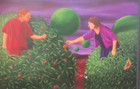 Michael Forbes Scottish Contemporary artist signed oil “Hands off my juicy fruits”