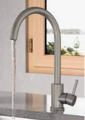 Designer MANHATTAN Kitchen Tap. Modern minimalist styling, finished in brushed stainless steel.