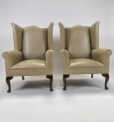 Pair of Sage Leather Wingback Armchairs