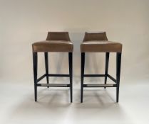 Pair of Leather bar stools with wooden legs