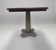 Mahogany square occasional table on a single column with four feet.