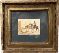 Small c19th Watercolour of Horses Drinking at a Trough.