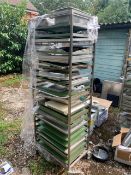 Wheeled Cage of Metal Commercial Baking Trays and Kitchen Ware