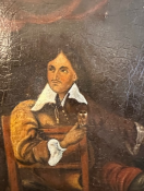 Oil painting on canvas of a man sat in a chair with a glass in hand.
