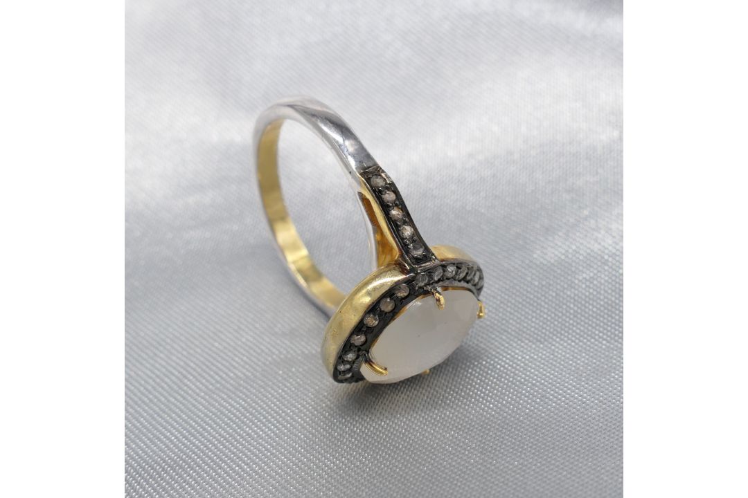Stunning Moonstone Dress Ring With A Diamond Halo, In Gold-Plated Silver - Image 2 of 6