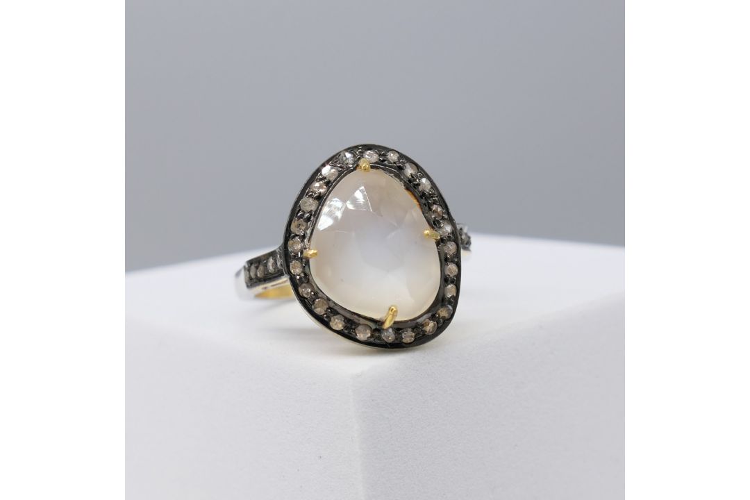 Stunning Moonstone Dress Ring With A Diamond Halo, In Gold-Plated Silver - Image 5 of 6