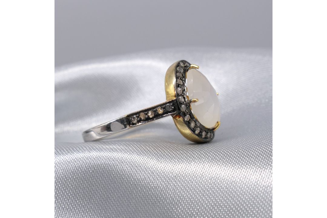 Stunning Moonstone Dress Ring With A Diamond Halo, In Gold-Plated Silver - Image 3 of 6