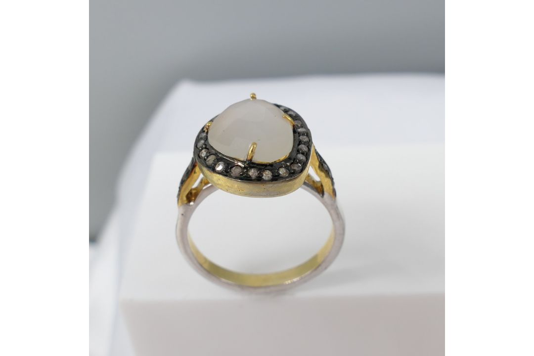 Stunning Moonstone Dress Ring With A Diamond Halo, In Gold-Plated Silver - Image 4 of 6