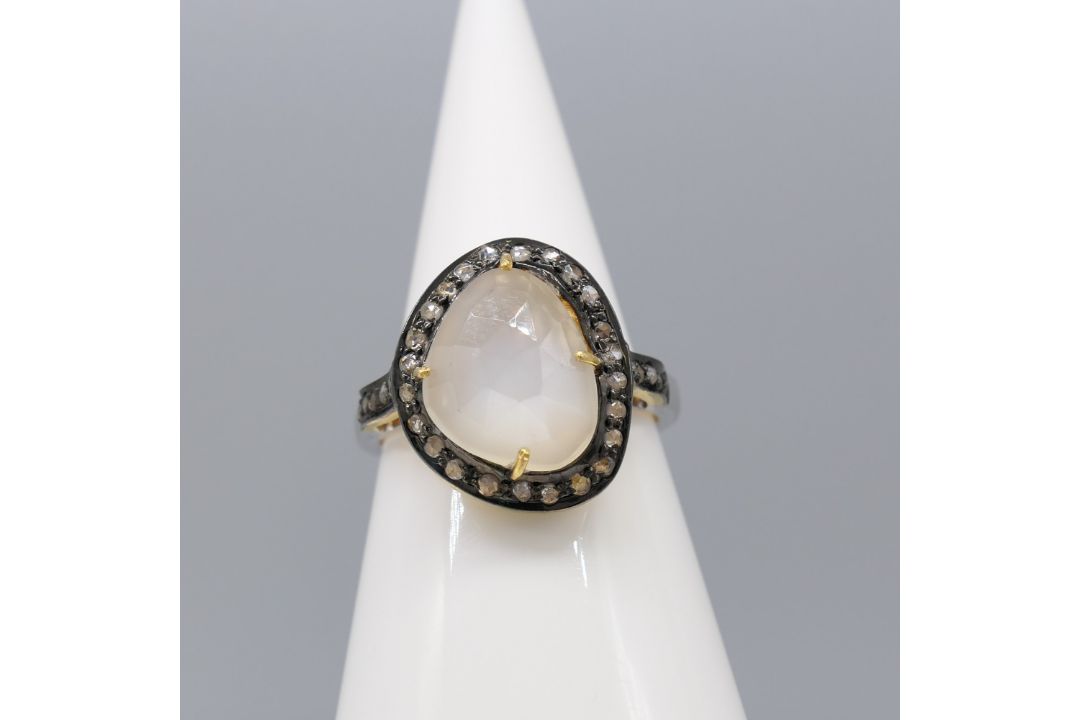 Stunning Moonstone Dress Ring With A Diamond Halo, In Gold-Plated Silver - Image 6 of 6