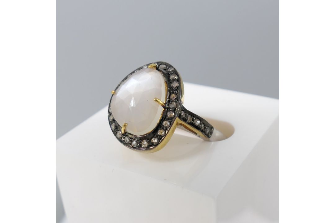 Stunning Moonstone Dress Ring With A Diamond Halo, In Gold-Plated Silver - Image 1 of 6