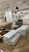 2x White Metal/Wood Display Tables + x2 Wooden Display Plinth