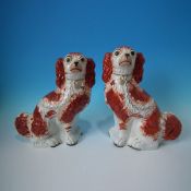 Pair Staffordshire Pottery Russet & White Curly Tailed Spaniels