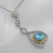 Oval Checkerboard-Cut Topaz & Diamond Heart Pendant With Chain