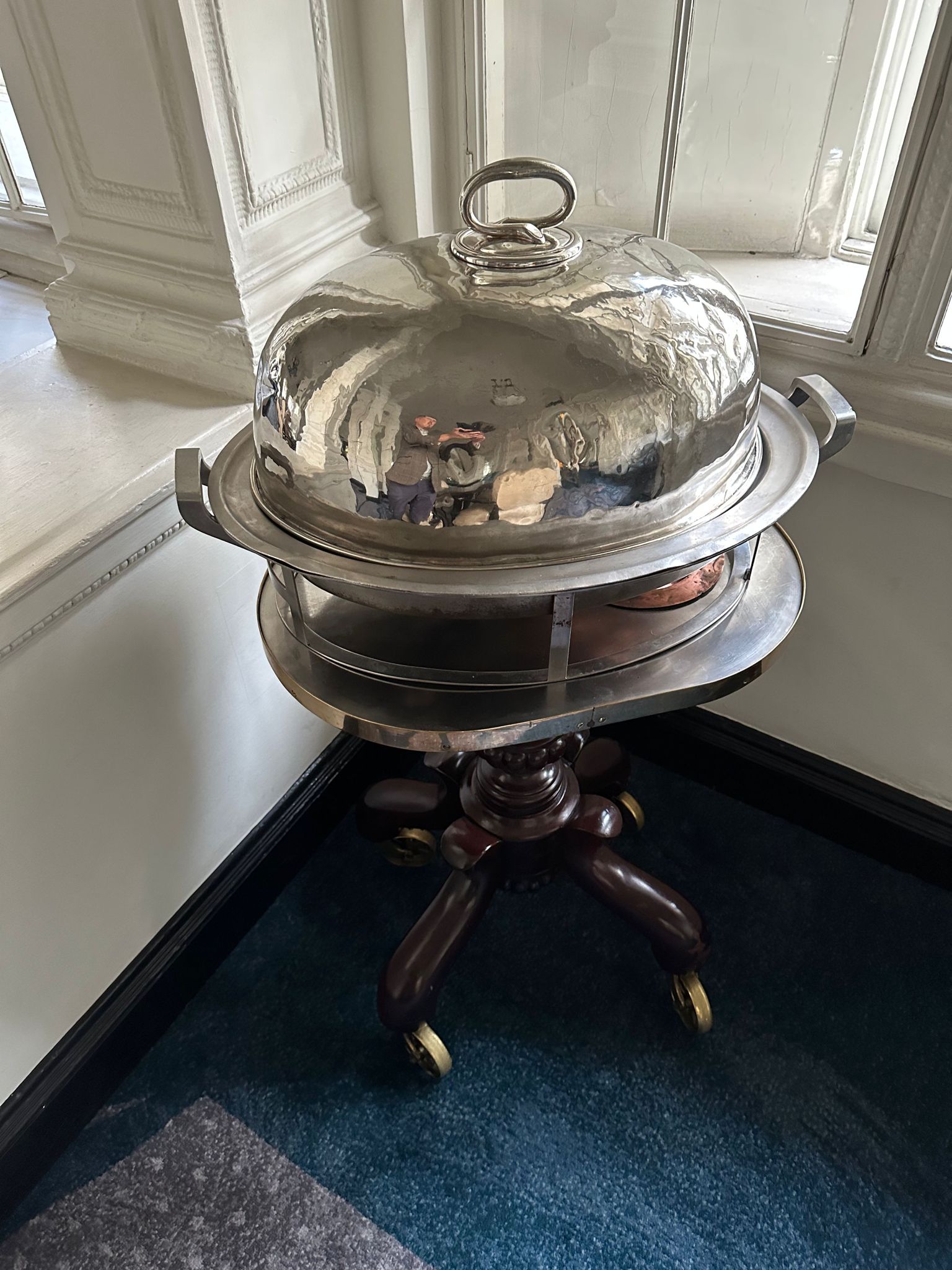 Mahogany Meat Carving Unit With Silver Plated Lid And Stand. Mahogany Baluster Frame On Brass Caster