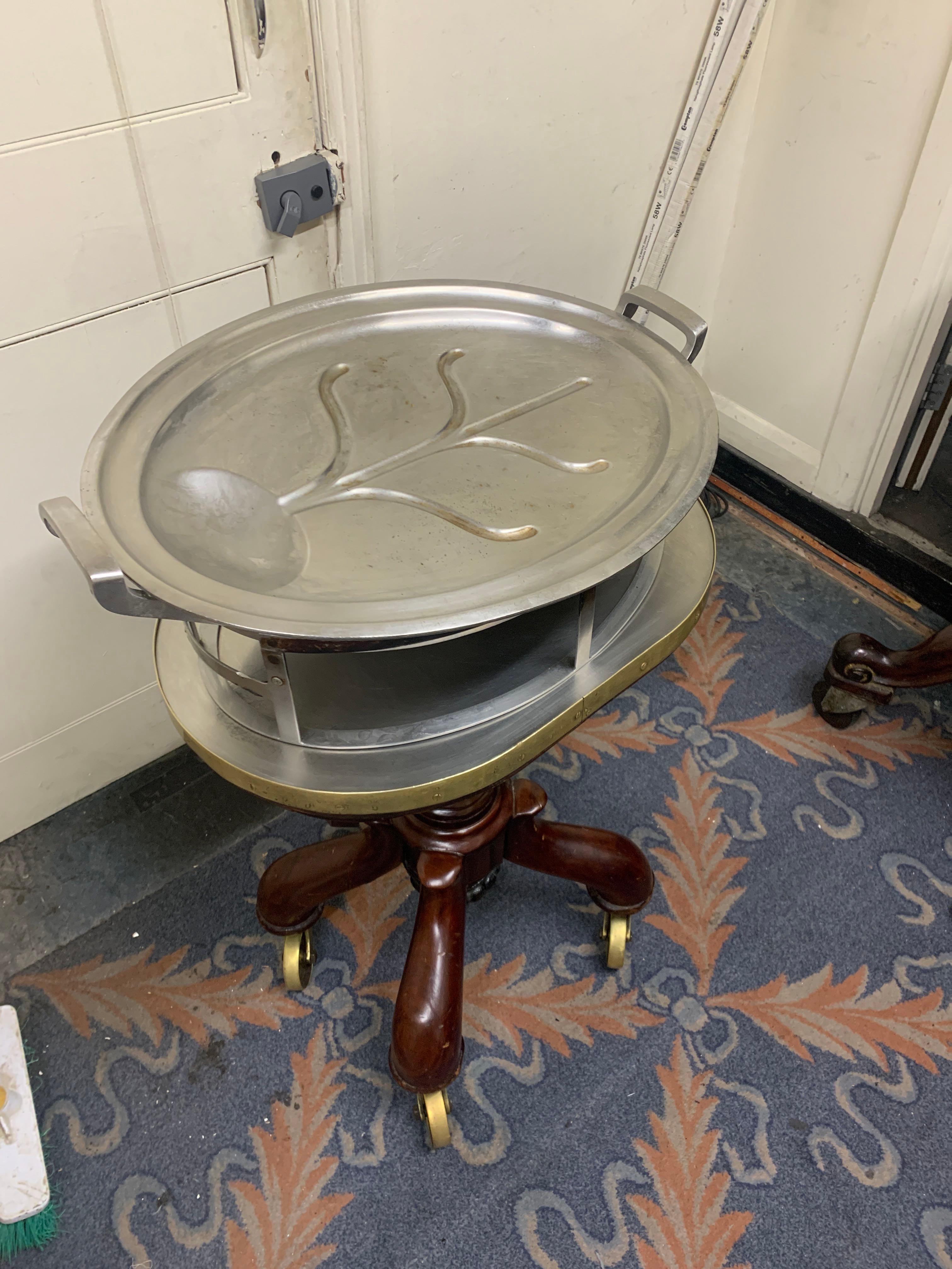 Mahogany Meat Carving Unit With Silver Plated Lid And Stand. Mahogany Baluster Frame On Brass Caster - Image 4 of 4