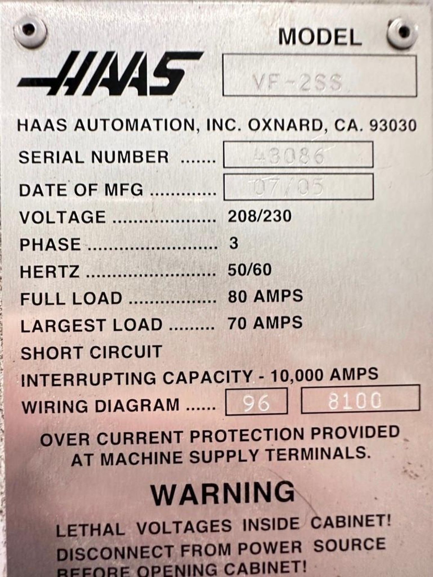 2005 HAAS VF-2SS VERTICAL MACHINING CENTER; SN: 43086 - Image 23 of 23