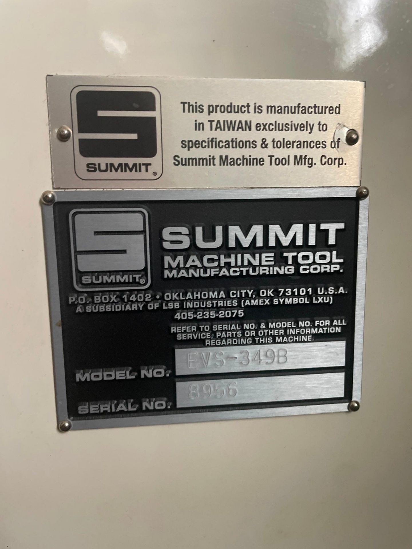 SUMMIT EVS-349B VERTICAL MILL (KNEE MILL 3HP), YEAR 2016 - SN 8956 - Image 6 of 7