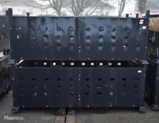 2x Revolve Technologies Ltd black metal stackable equipment containers - W 2140 x D 1120 x H 880mm
