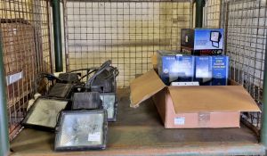 10x 500W wall mounted halogen floodlights, 5x Fitzgerald SRF150 150W floodlights
