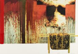 Hermann Nitsch, Schüttbild mit Malhemd und Kasel (Übermalte Bild-Lithografie)
