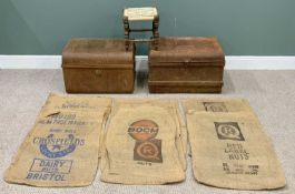VINTAGE ITEMS - two tin trunks, 47cms H, 74cms W, 50cms D and 47cms H, 69cms W, 49cms D, a string