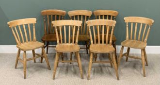 PINE SLATBACK FARMHOUSE TYPE CHAIRS (7) - 92cms H, 40cms W, 38cms D