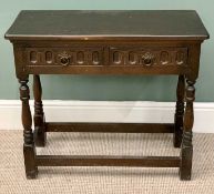 PRIORY STYLE HALL TABLE - having two drawers, on turned and block supports, 70cms H, 77cms W,