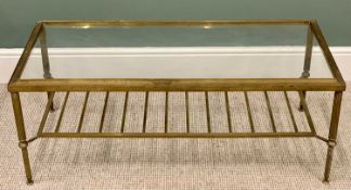 GOOD QUALITY VINTAGE BRASS & GLASS TOPPED COFFEE TABLE - on ribbed supports with conjoining under