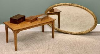 FURNISHING ASSORTMENT (5) - oval gilt framed bevelled glass wall mirror, 111 x 70cms, an oak Long