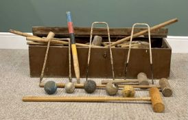 VINTAGE CROQUET ASSORTMENT - in an old wooden box, 29cms H, 111cms W, 35cms D (the box)