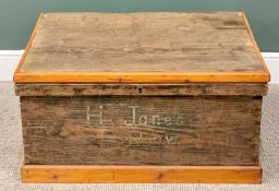 VINTAGE PINE LIDDED SEA CHEST - with iron carry handles, marked 