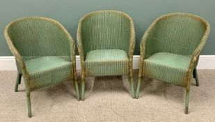 LLOYD LOOM LUSTY GREEN & GILT WICKER ARMCHAIRS (3) - two having original paper labels intact,