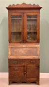 VINTAGE OAK BUREAU BOOKCASE - having twin glazed doors under a decorative crest rail over a drop