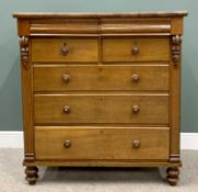 VICTORIAN OAK & WALNUT SEVEN DRAWER CHEST - having two upper shaped secret drawers over two short