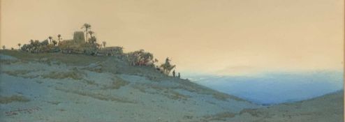AUGUSTUS OSBORNE LAMPLOUGH British 1877 - 1930, watercolour - extensive desert scene with oasis,
