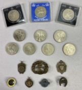 COMMEMORATIVE CROWNS, HALLMARKED SILVER FOBS & BADGES GROUP - badges include a vintage plastic