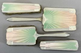 SILVER & GUILLOCHE ENAMEL 4 PIECE DRESSING TABLE, HAND MIRROR & BRUSH SET - Birmingham 1937/38