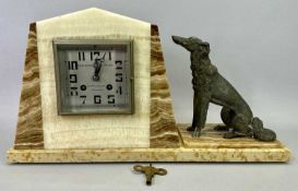 ART DECO BROWN MARBLE MANTEL CLOCK - the square silvered dial with Arabic numerals, 'Horolgerie de