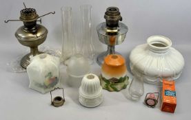 VINTAGE CHROME OIL LAMPS (2), a moulded opaque white glass oil light shade, 25.5cms diameter, two