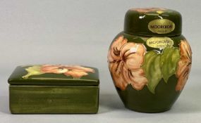 MOORCROFT POTTERY - Coral Hibiscus pattern, on a green ground - ginger jar and cover with '